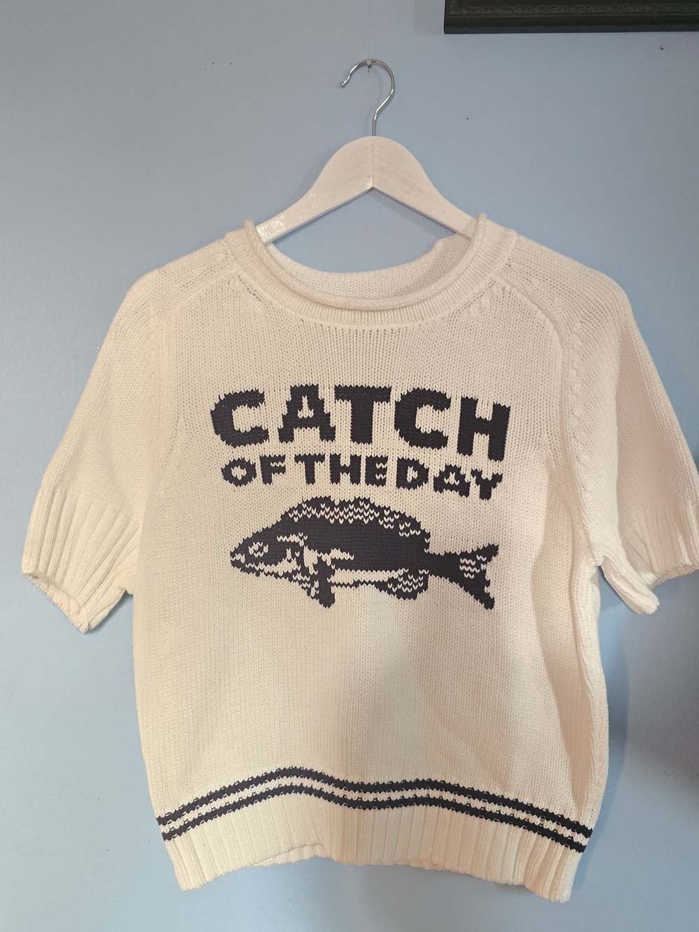 Free Assembly "Catch of the Day" Nautical Coastal Fish Sweater Short Sleeve Sz M